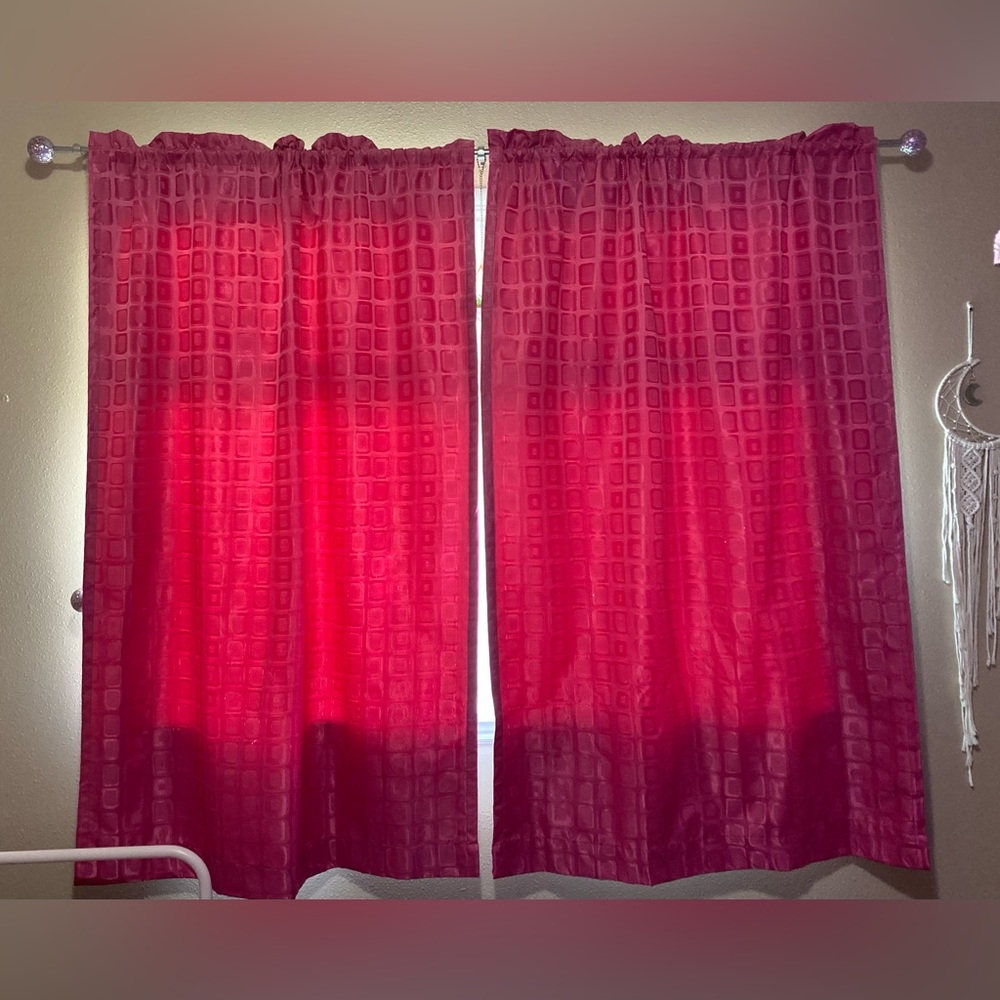 Fuchsia pink black out curtains with window hooks and rod